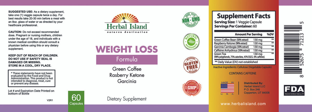 Weight Loss Formula - Green Coffee - Raspberry Ketone - Garcinia - Green Tea - Caffeine Anhydrous